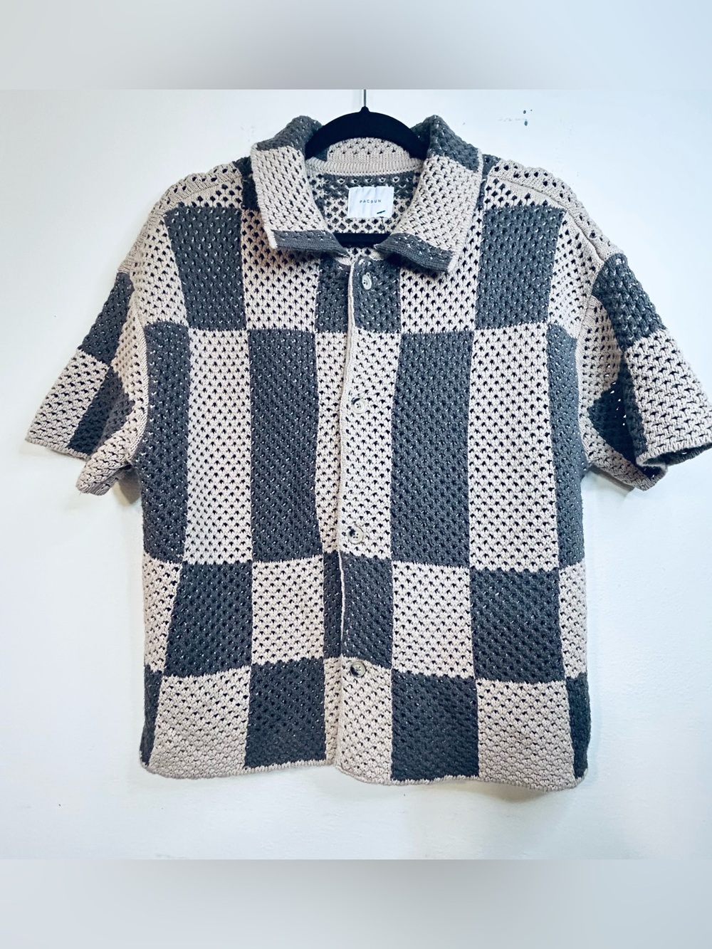 PacSun Beige and Gray Checker Knit Button-Down Polo